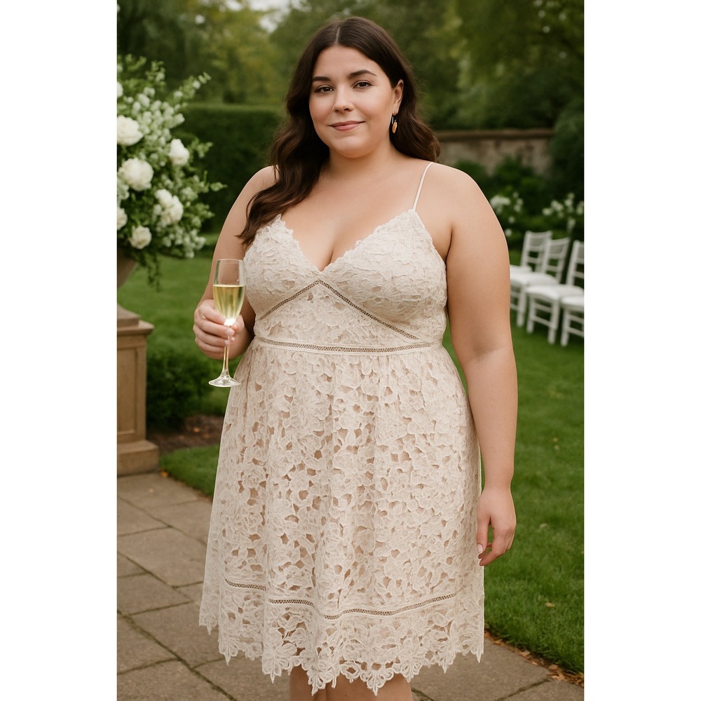 Ivory Tan 2X Hollow Out Lace Nude Illusion Babydoll Midi‎ Dress Wedding Fairy